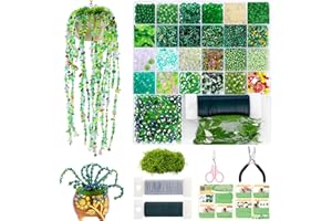 FOGWOWO 5422 Pcs Beaded Plant Kit Green Glass Beads for Plant Making with Video Tutorials,Green Beads for Beaded Plants Nature Colorful Crystal Glass Leaf Bead for Jewelry Making DIY Craft Plants Lover Gifts
