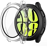 Misxi 2-Pack Hard PC Screen Protector Case with Tempered Glass, Compatible for Samsung Galaxy Watch 6 44mm, Ultra-Thin Scratch Resistant Anti-Slip Cover for Galaxy Watch6, 1 Black + 1 Transparent