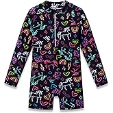 Dvenki Girls Long Sleeve Rash Guard One Piece Swimsuit - Mermaid Checker Face Zipper Front Toddler Bathing Suit 2T-10