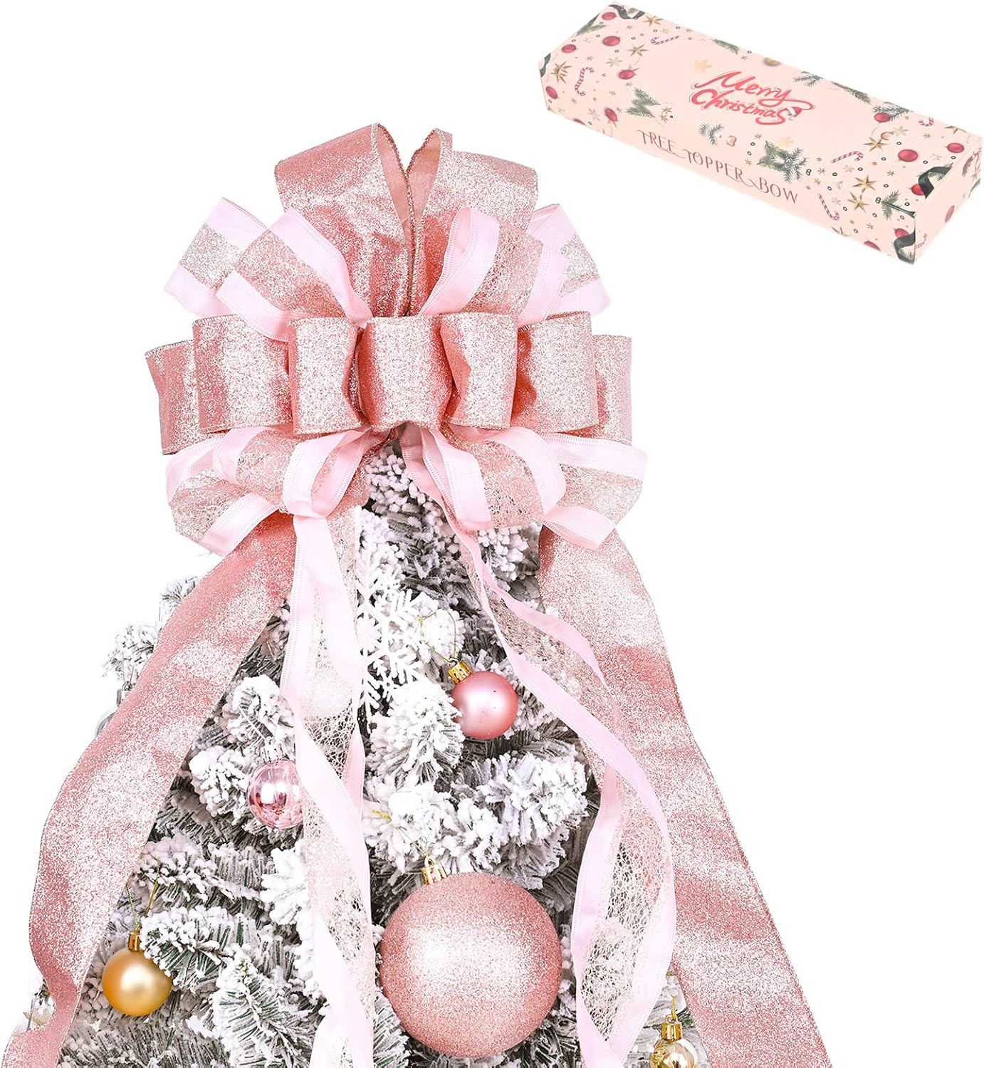 Tree Toppers - Christmas Tree Topper Bow with Streamers,48x13 Inches Large Toppers Bow for Xmas Home Decor,Rose Gold Polyester Decorative Bow for Christmas Decoration (Rose Gold)