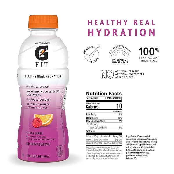 GATORADE FIT CITRUS BERRY ELECTROLYTE BEVERAGE, 16.9 FL OZ BOTTLES, 12 PACK