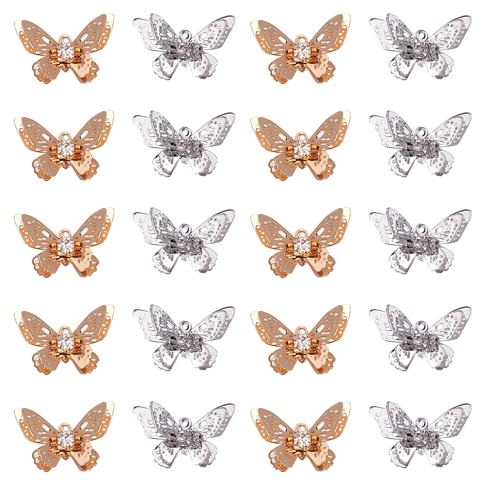 CHGCRAFT 20Pcs Filigree Butterfly Charms Pendants with Crystal Rhinestone Brass 3D Butterfly Beads Charms for DIY Bracelet Necklace Jewelry Findings Making, Platinum and Golden