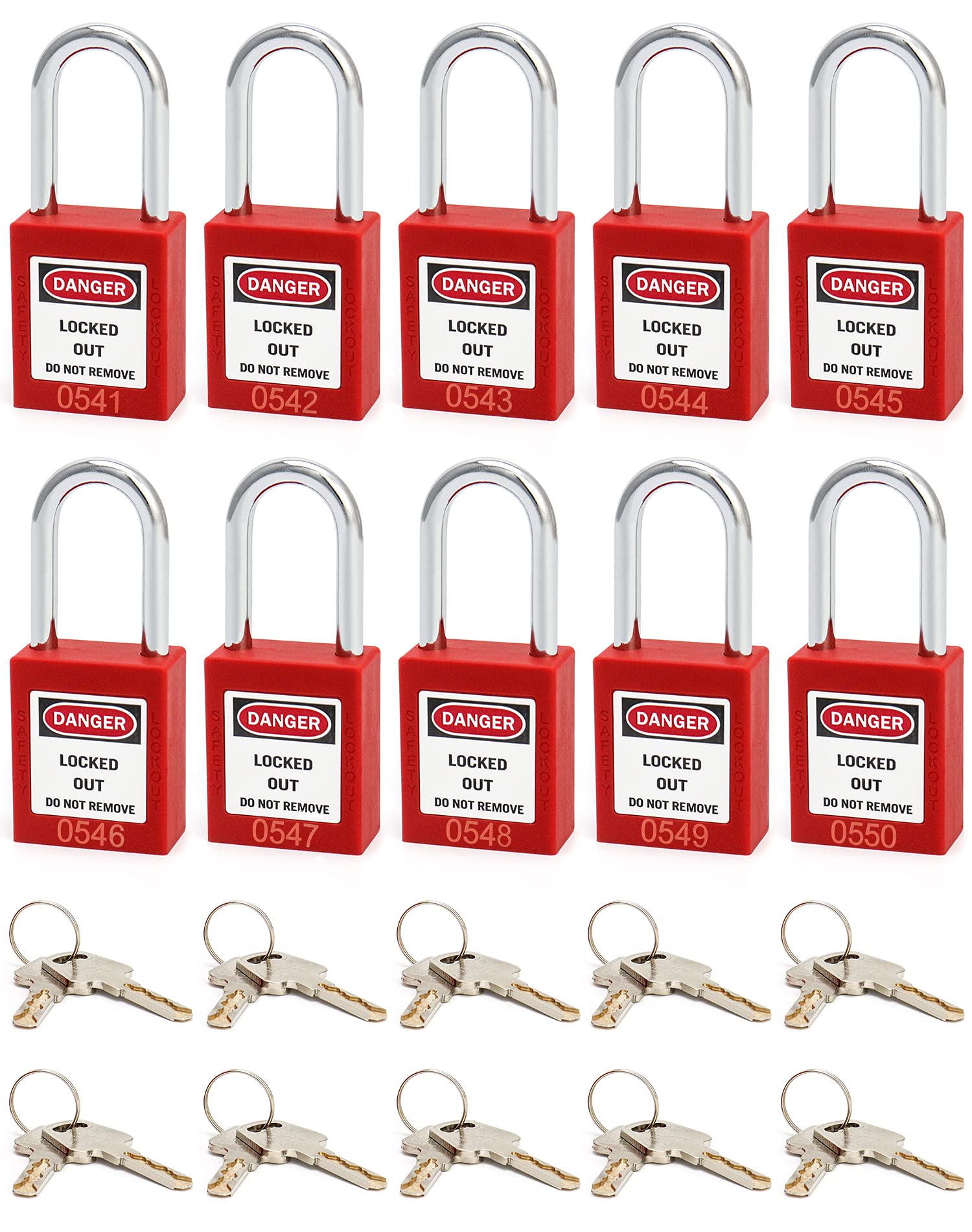 QWORK® Safety Lockout Padlock, 10 Padlocks with 20 Keys, Steel Shackle, Red