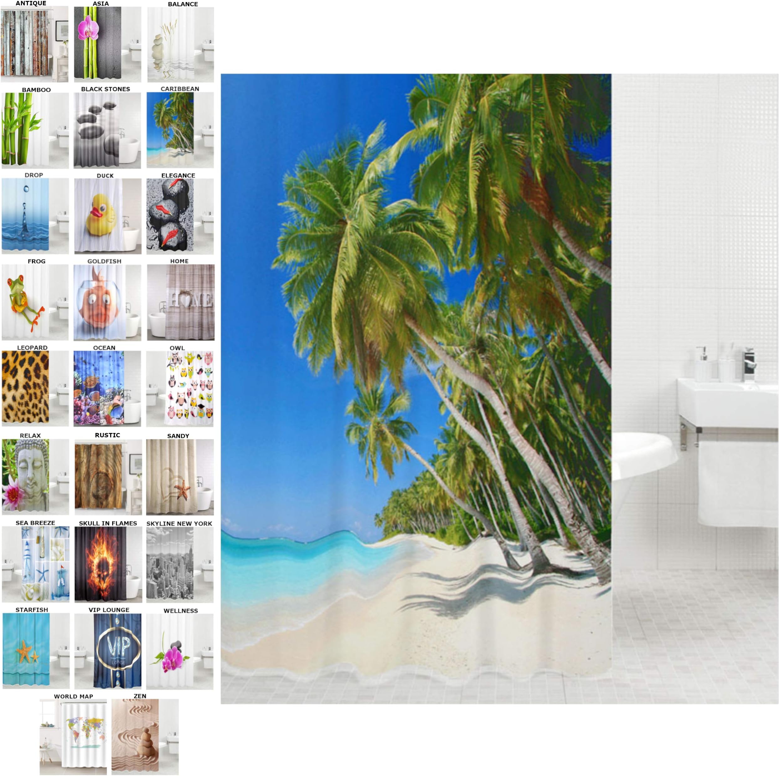 Shower curtain | Wide choice of beautiful shower curtains | Waterproof | Anti-Mould | with 12 Rings (180 x 200 cm, Caribbean)