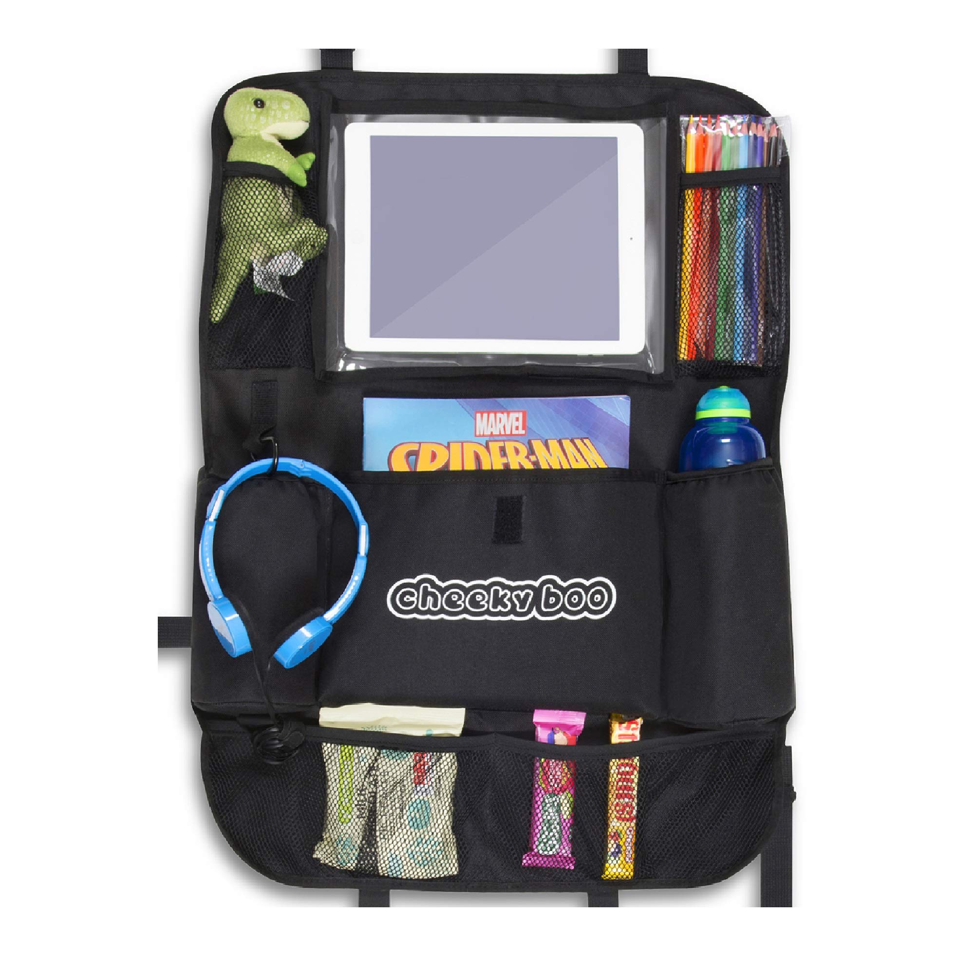 CheekyBoo Kids Car Seat Organiser with Tablet Holder - Backseat Storage for Toddlers and Children, 8 Pockets, Insulated Drinks Holders, Seat Protector, Fits All Cars