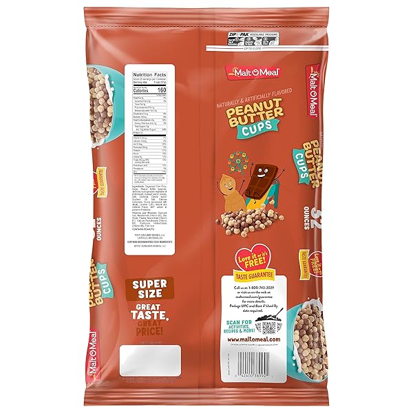 MALT-O-MEAL PEANUT BUTTER CUPS BREAKFAST CEREAL, MADE WITH REAL COCOA AND PEANUT BUTTER, 32 OZ RESEALABLE CEREAL BAG