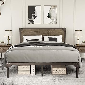 Urest Industrial Full Size Bed Frame With Headboard Metal Platform Bed Frame Mattress Foundation Strong Slat Support No Box Spring Needed Snow Brown Amazon Ca Home Kitchen