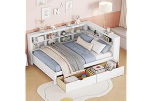 JIVOIT Wooden Full Size DayBed with 2 Drawers, Captain Platform Bed with Double-Layer Storage Shelf, Solid Wood Platform Bed Frame with Wood Slats Support, Space-Saving Design (White * Full,101)