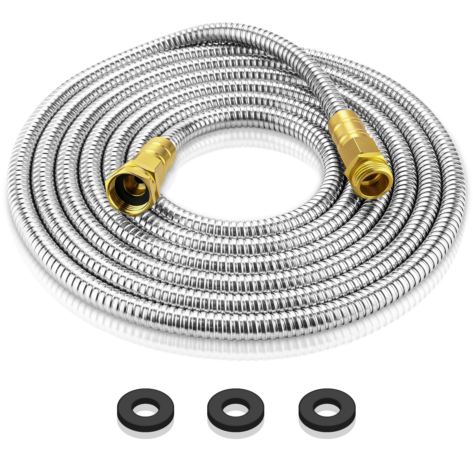 Garden Hose 15 FT, 304 Stainless Steel Metal Water Hose, Heavy Duty Flexible Leader Hose, Short Water Hose Kink Free Hose for Rv, Outdoor, Yard, No Bite, Leak proof and Durable