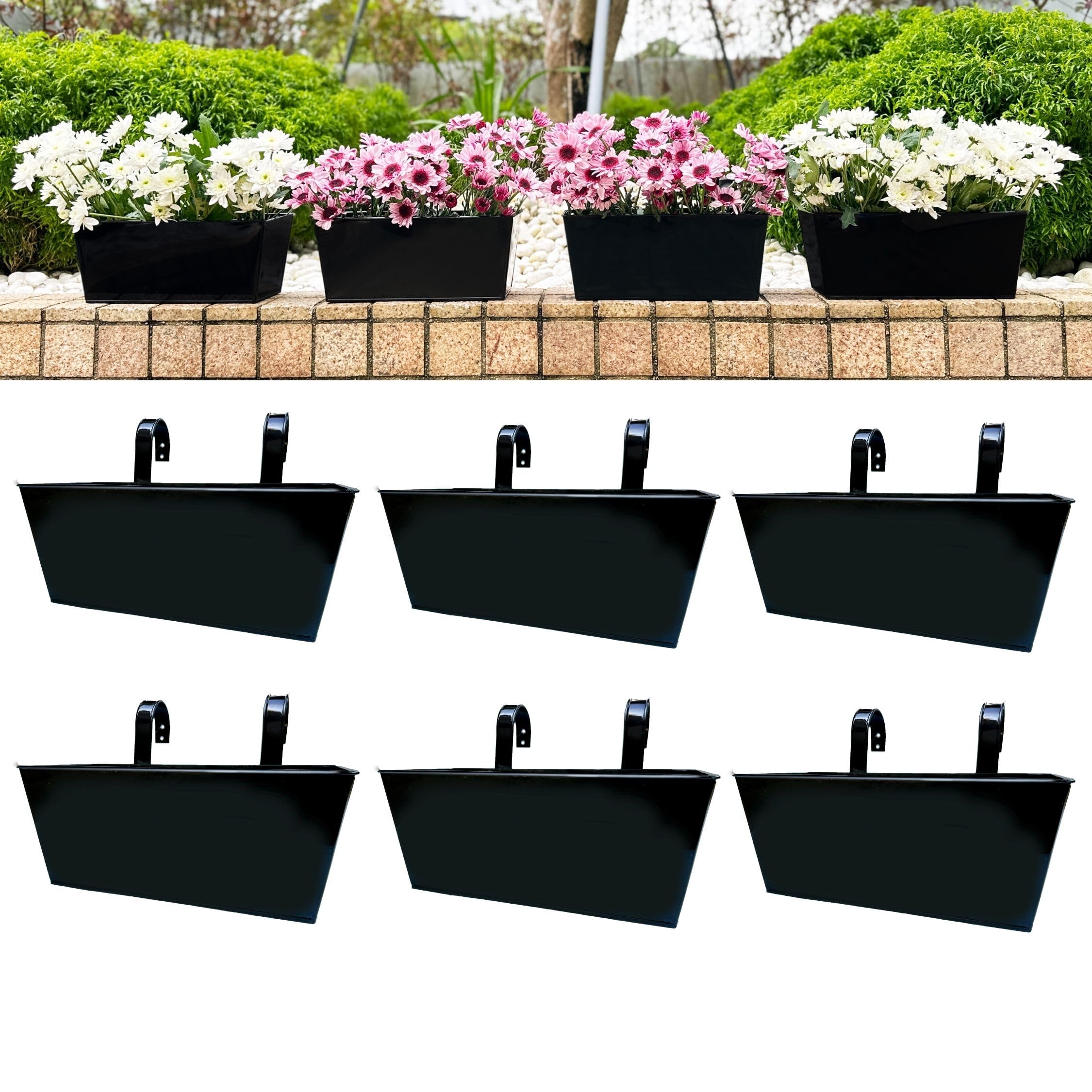 Photo 1 of LaLaGreen Rail Planters (6 Pack, 14 Inch) Black Metal Rectangle Strawberry Window Boxes Outdoor Balcony Deck Railing Fence Hanging Flower Herb Pot with Detachable Hook Patio Porch Farmhouse Minimalist