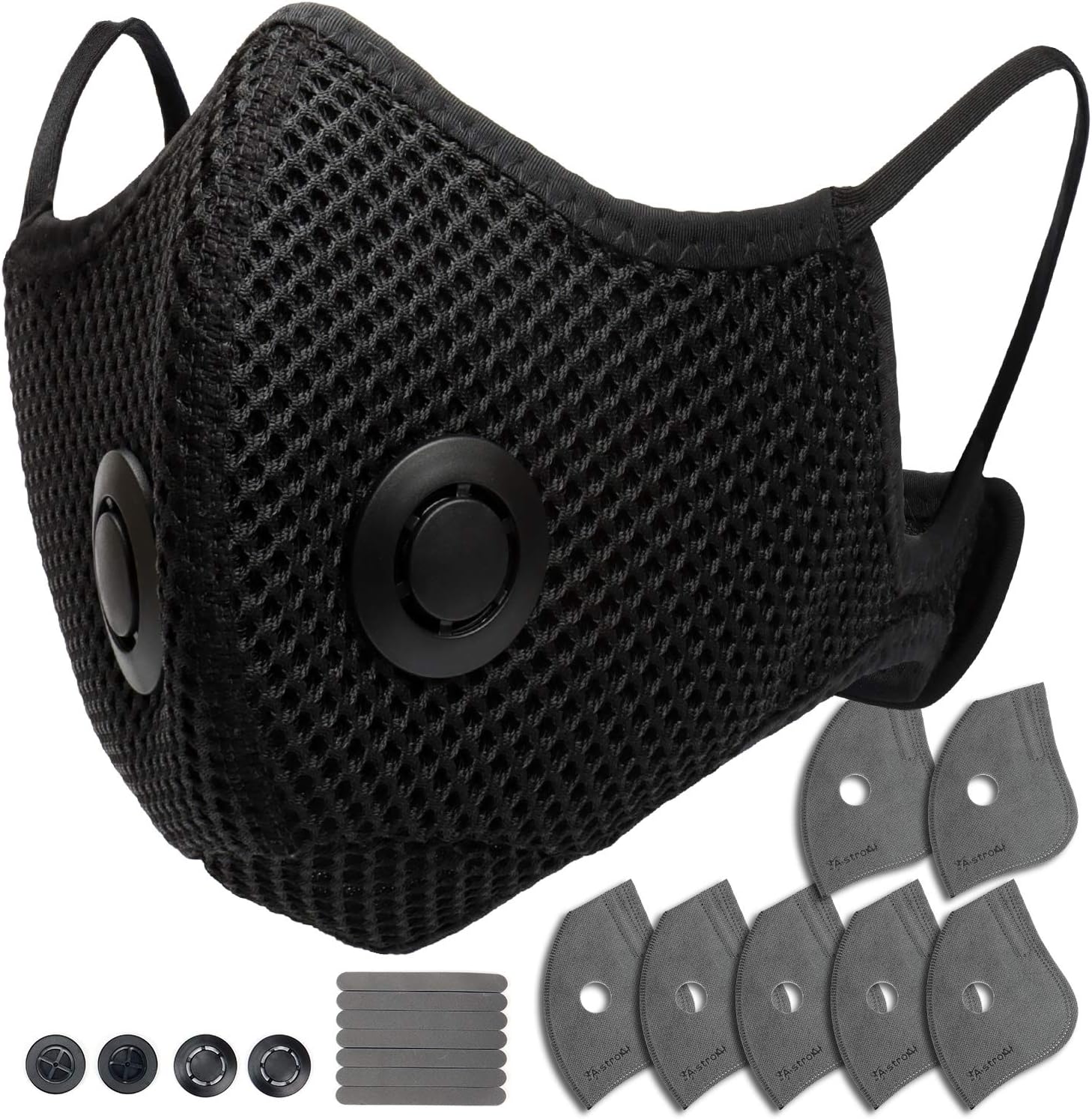AstroAI Face Dust Mask, Reusable Black Mask with 7 Replaceable Filters and 4 Valves, Washable and Breathable Mask for Men Women