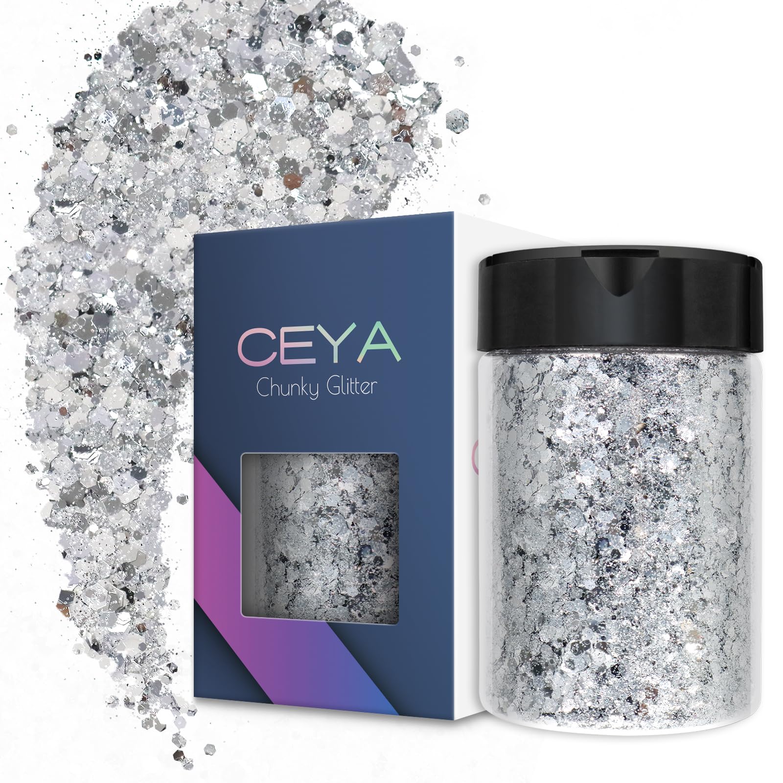 Ceya Chunky Glitter, 4.9oz/ 140g Bright Silver Craft Glitter Powder Mixed Fine Flakes Iridescent Nail Sequins for Nail Art, Hair, Epoxy Resin, Tumblers, Slime, Painting, Festival Decor