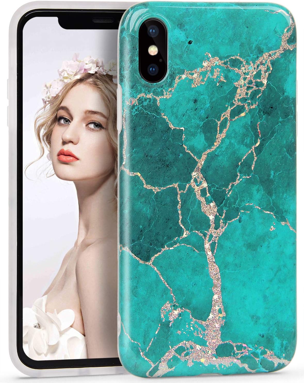 Imikoko iPhone Xs Case, iPhone X Phone Case Shiny Glitter Emerald Green Marble Cover Slim Thin Anti-Scratch Glossy Shockproof Flexible Clear TPU Bumper Soft Diamond Skin For iPhone Xs/X 5.8"