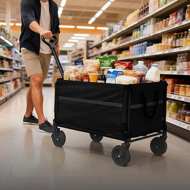 carrello pieghevole, 150 kg, manico telescopico, portellone, telo antipioggia, per spesa e campeggio, nero