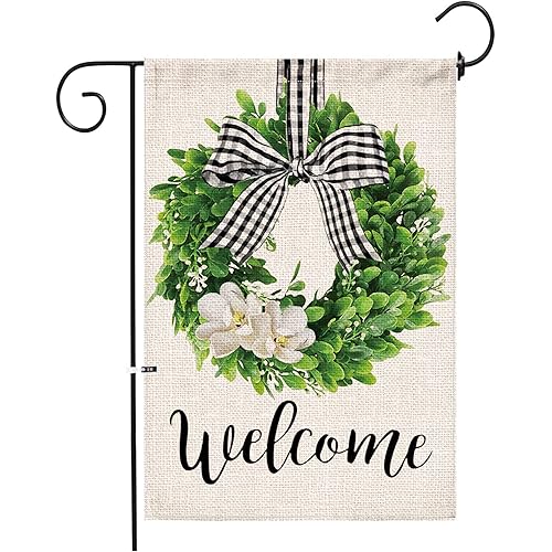 Hexagram Boxwood Wreath Welcome Garden Flag,Burlap Garden Flag Double Sided Summer Fall Buffalo Plaid Bow Yard Ourdoor Farmhouse Decor,Small Garden Flag 12x18 Prime