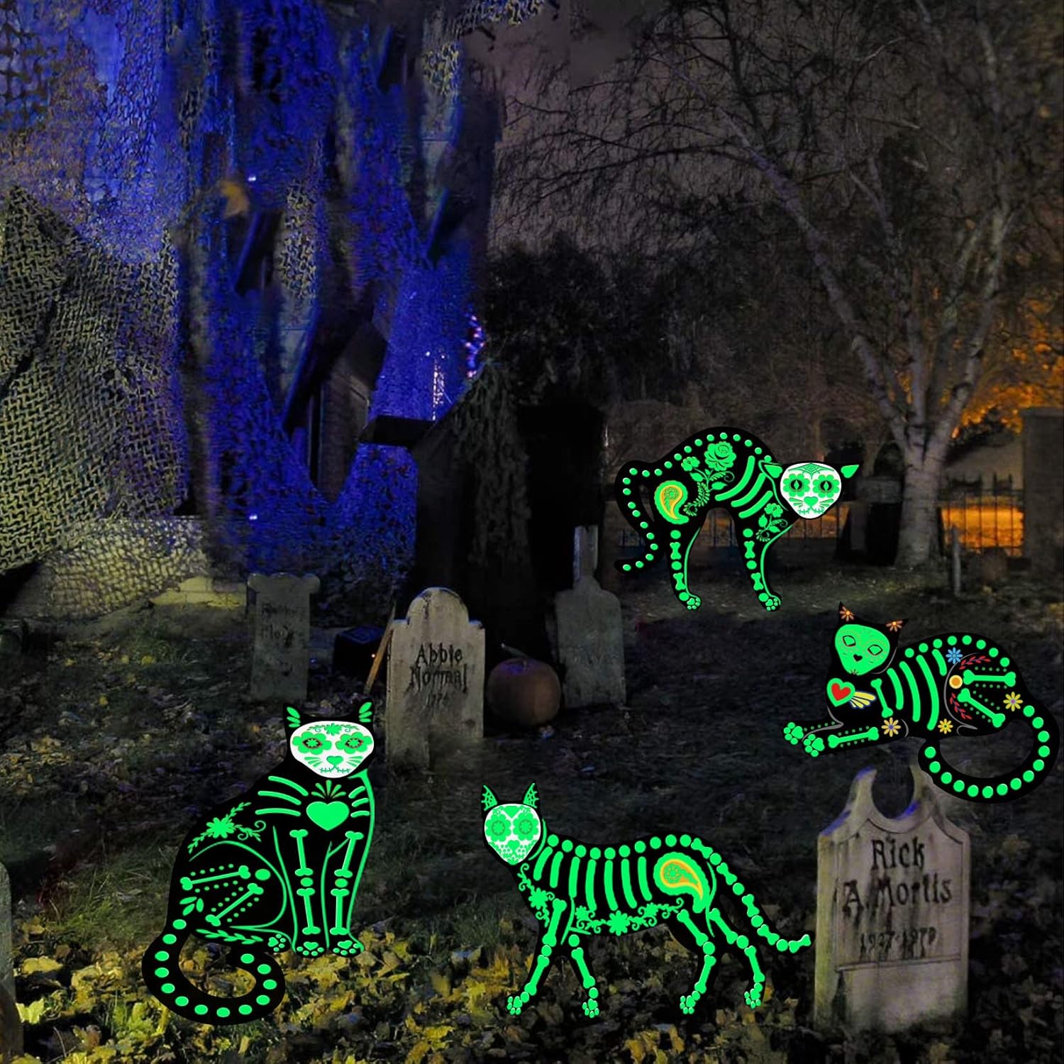 Yard Signs - 4Pcs Halloween Decorations Outdoor Fluorescence Skeleton Cat,Scary Creepy Sugar Skull Animals with Glow in the Dark- 16”x 14” Day of the Dead Silhouette Yard Sign with stakes(Green Skeleton)