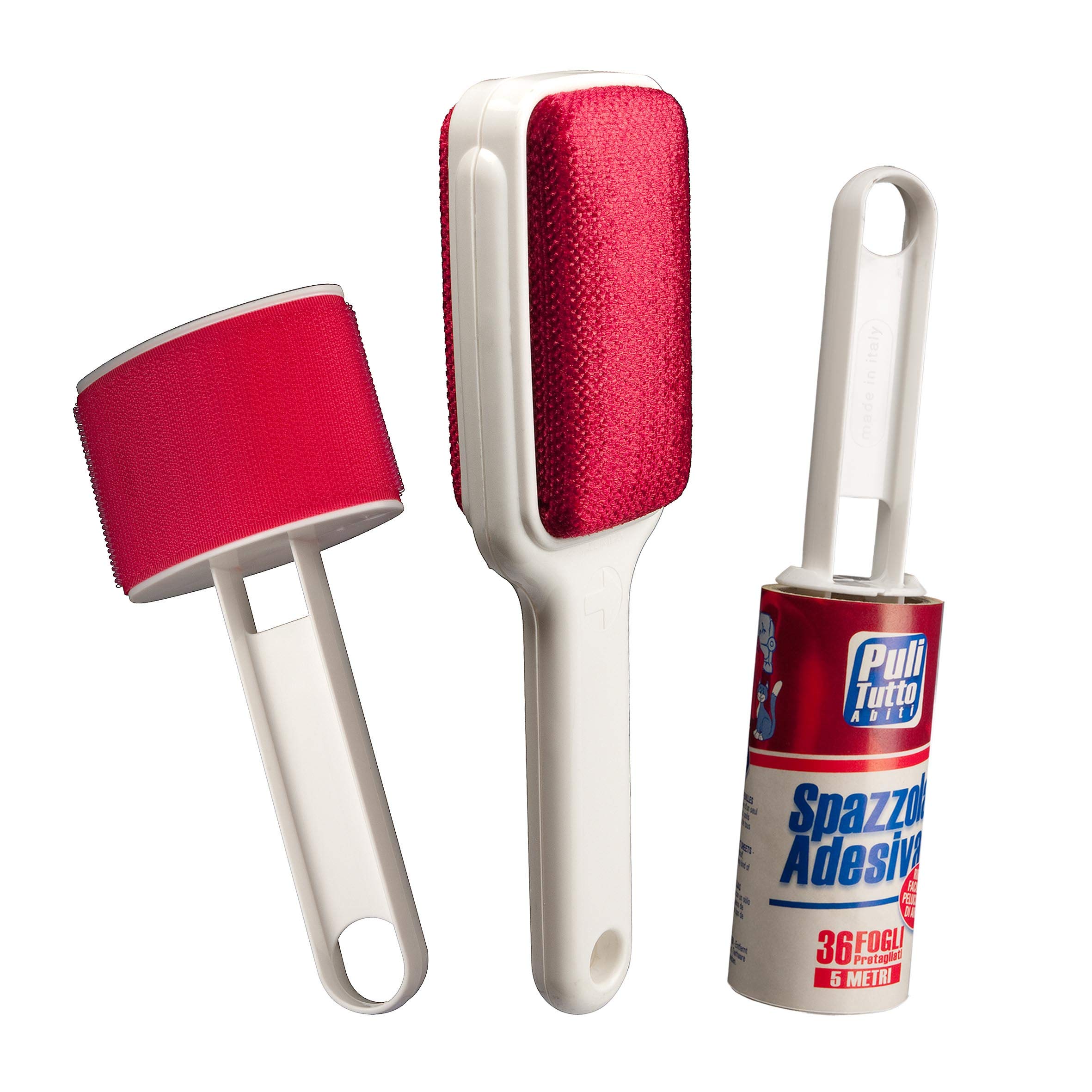 Clothes Brushes: Sticky Lint Roller with 36 Pre-cut Sheets (Length 5 Meters), Brush in Double Velvet, Knot-remover Brush for Wool. Made in Italy.