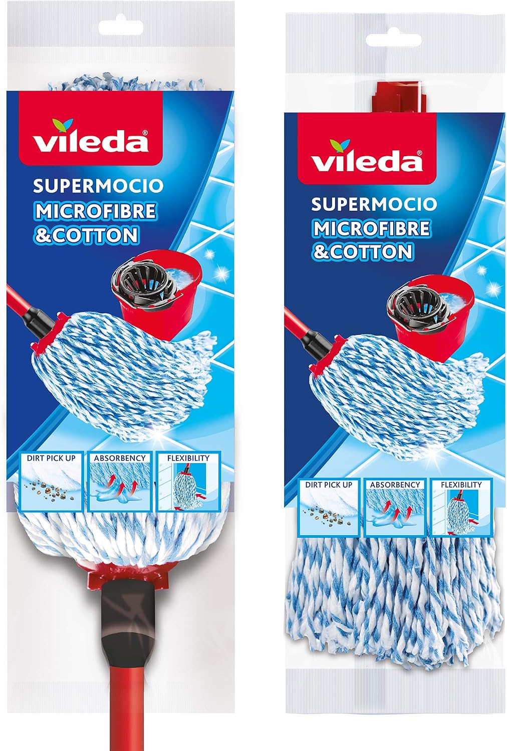 Vileda SuperMocio Microfibre and Cotton Mop with Extra Refill, Red, 10 x 10 x 117 cm