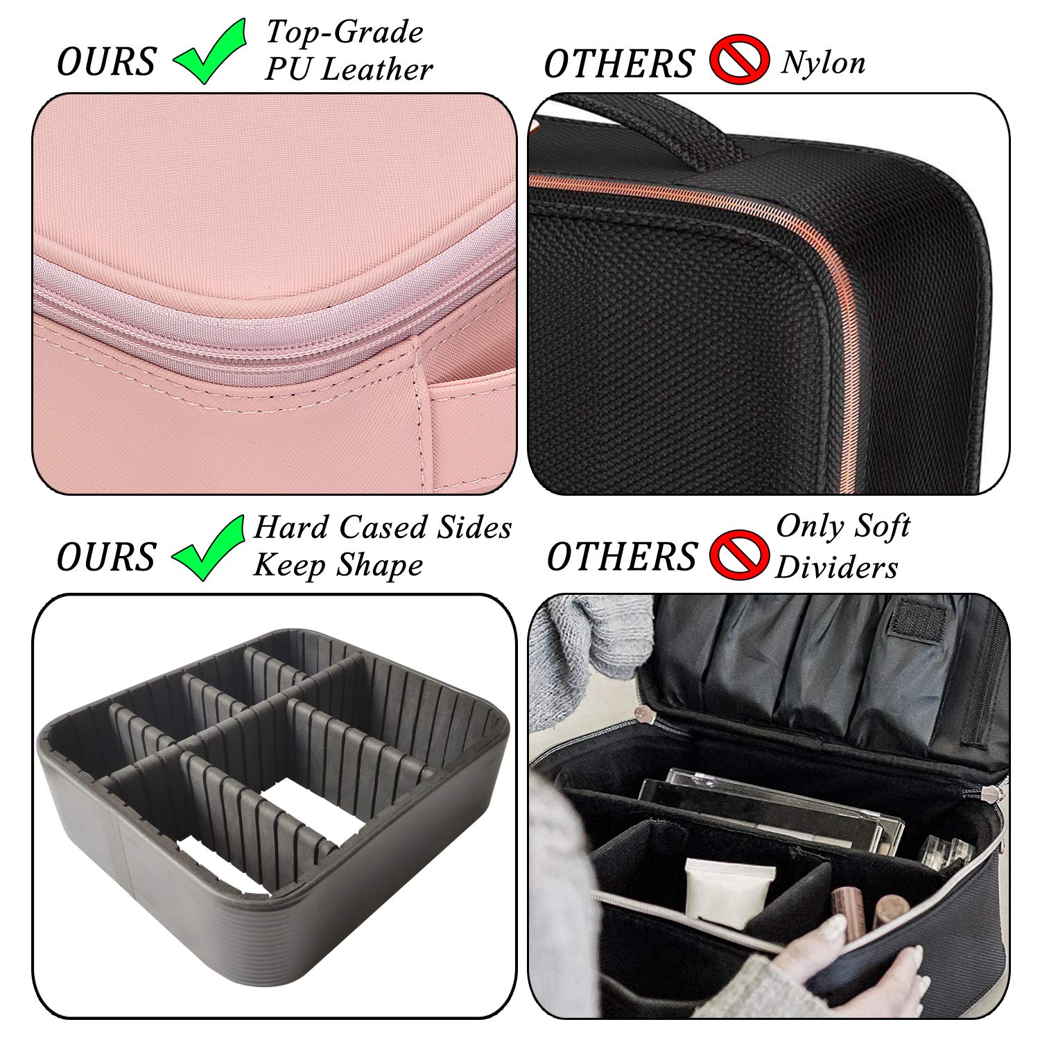 NiceEbag Makeup Bag Travel Cosmetic Bag for Women Cute Makeup Case Large Leather Cosmetic Train Case Organizer with Adjustable Dividers for Cosmetics Make Up Tools Toiletry Jewelry, Rose gold : Beauty