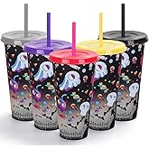 Ftabernam Halloween Color Changing Cups, 5-Pack 24 oz Plastic Cups with Lids and Straws, Tumblers and Water Glasses for Adults, Kids Party, Cute Cup for Ice Drink