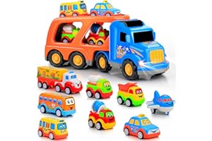 FORTY4 9 Pcs Cars Toys for 2 3 4 5 Years Old Toddlers, Big Carrier Truck with 8 Small Cartoon Pull Back Cars, Colorful Assorted Vehicles, Transport Truck with Sound and Light, Best Gift for Boy and Girl