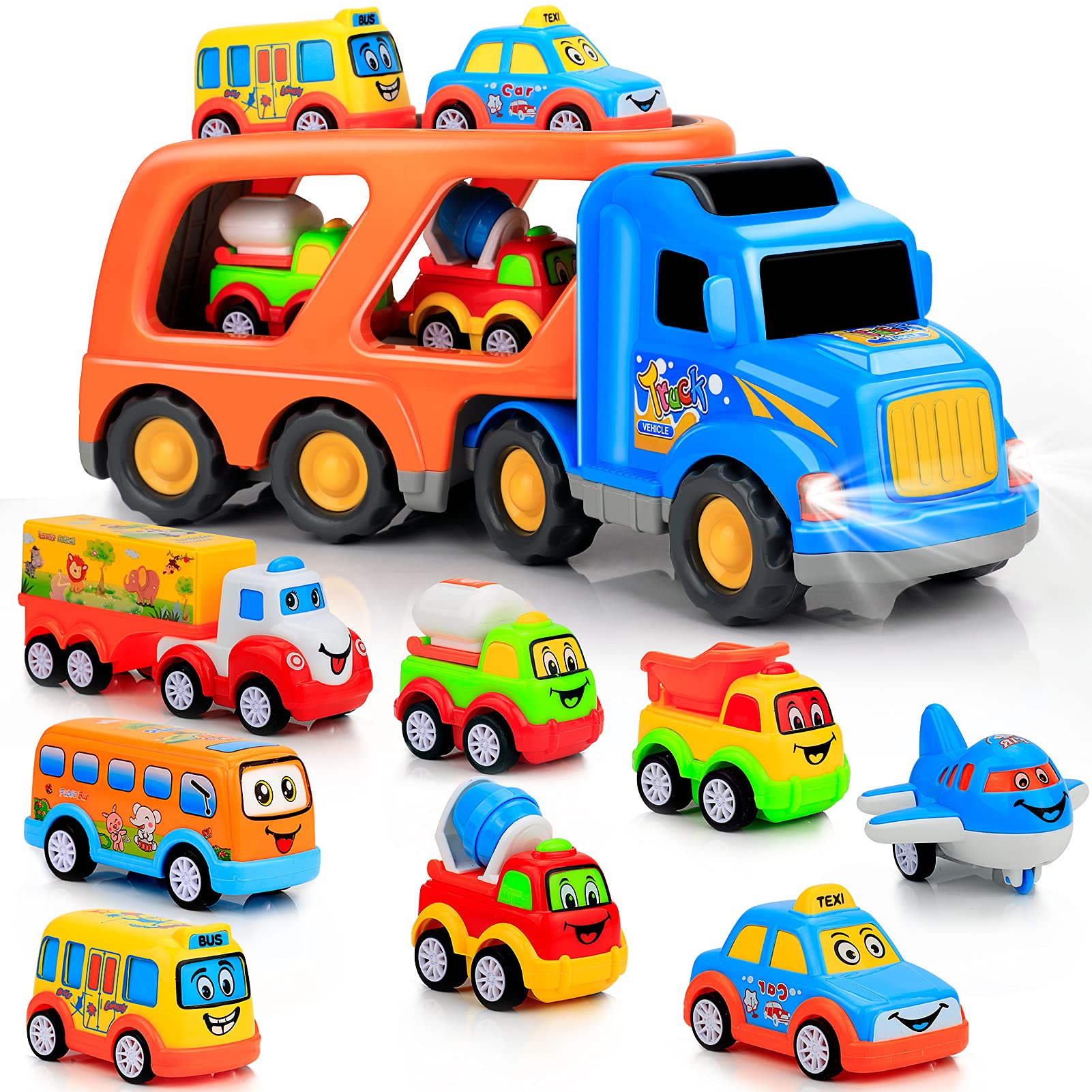 Photo 1 of 9 Pcs Cars Toys for 2 3 4 5 Years Old Toddlers, Big Carrier Truck with 8 Small Cartoon Pull Back Cars, Colorful Assorted Vehicles, Transport Truck with Sound and Light, Best Gift for Boy and Girl