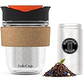 SoleCup. Travel Mug Loose Tea Infuser - Detachable Tea Strainer with Spillproof Lid - BPA-Free Reusable Glass Travel Coffee Cup with Cork Band (Black, 12oz)