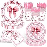 168PCS Pink Bow Happy Birthday Decorations,Happy Birthday Plates and Napkins Party Supplies,Pink Bow Paper Plates and Napkins with Pink Plastic Forks Knives Spoons Serve 24 Guests