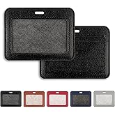 1 Pcs Leather ID Badge Holder - Horizontal, Black, Multiple Card Slots for Offices, Staff, Students, Employees