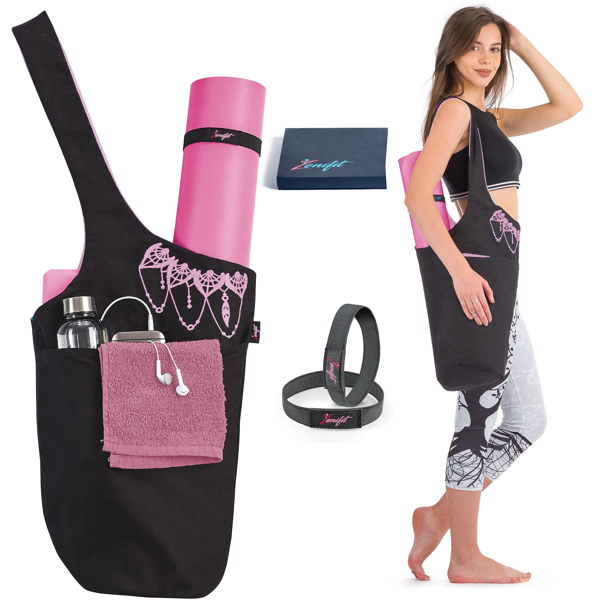 Zenifit Yoga Mat Bag - Long Tote with Pockets - Holds More Yoga Accessories. Cute Yoga Mat Holder with Bonus Yoga Mat Strap Elastics. Stylish and Practical Yoga Mat Bags and Carriers (Black & Pink)