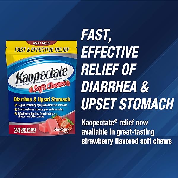 KAOPECTATE SOFT CHEWS, BISMUTH SUBSALICYLATE, ANTI-DIARRHEAL AND UPSET STOMACH RELIEVER – 24 COUNT