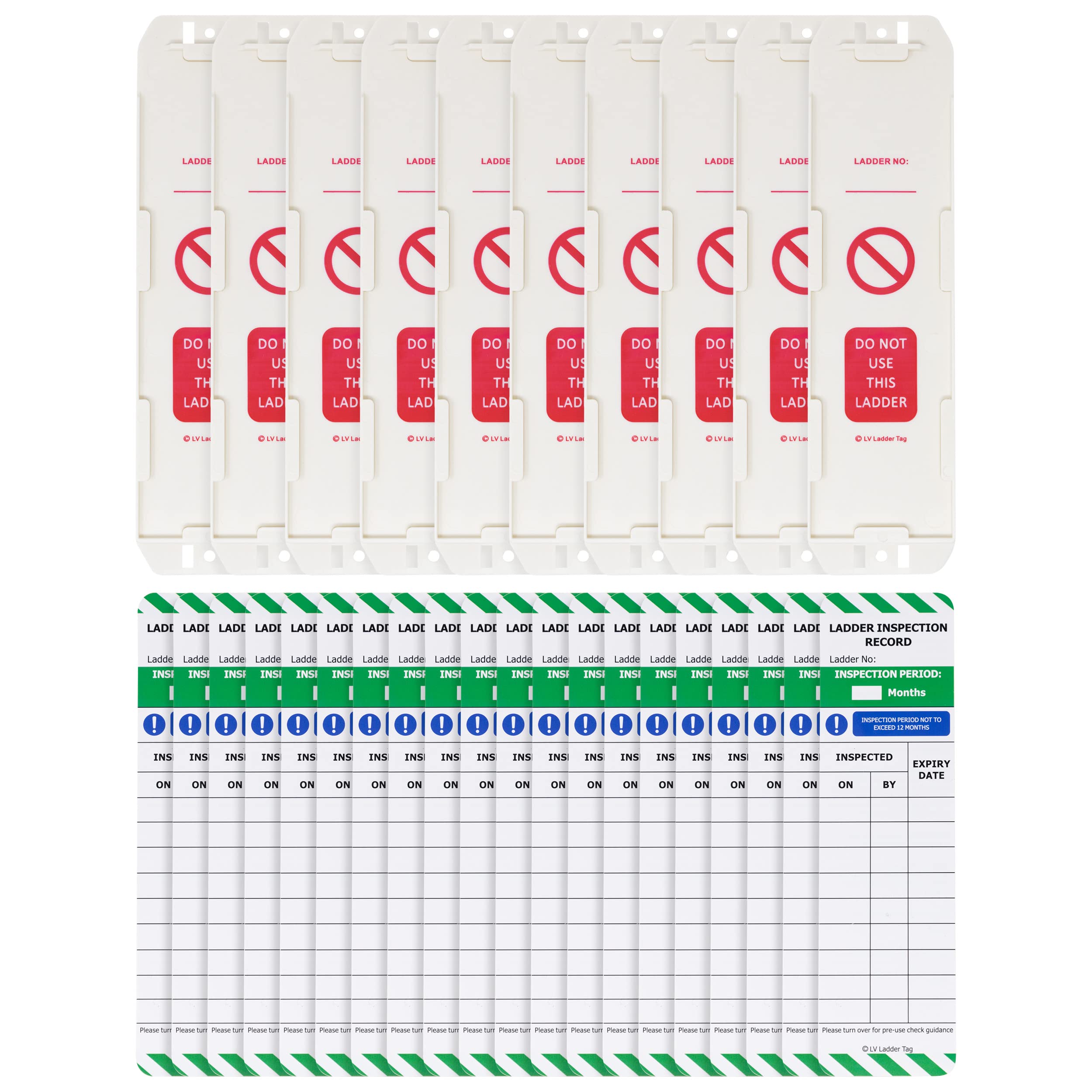 LIVELIFEBETTER® Ladder Tags - 10 Holders and 20 Ladder Inspection Tag Inserts - Full Pack - Fits All Ladder Types & Other Equipment - Suitable for Indoor & Outdoor Use