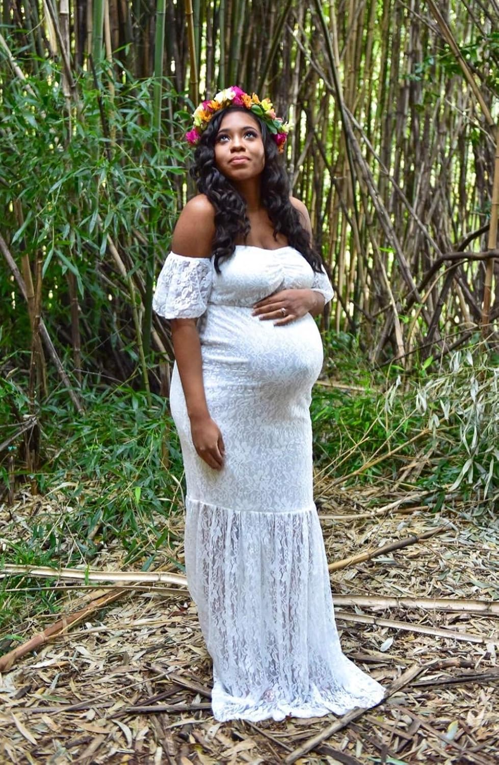 ZIUMUDY Women's Off Shoulder Ruffle Sleeve Lace Mermaid Maternity Baby Shower Gown Maxi Photography Dress at  Women’s Clothing store