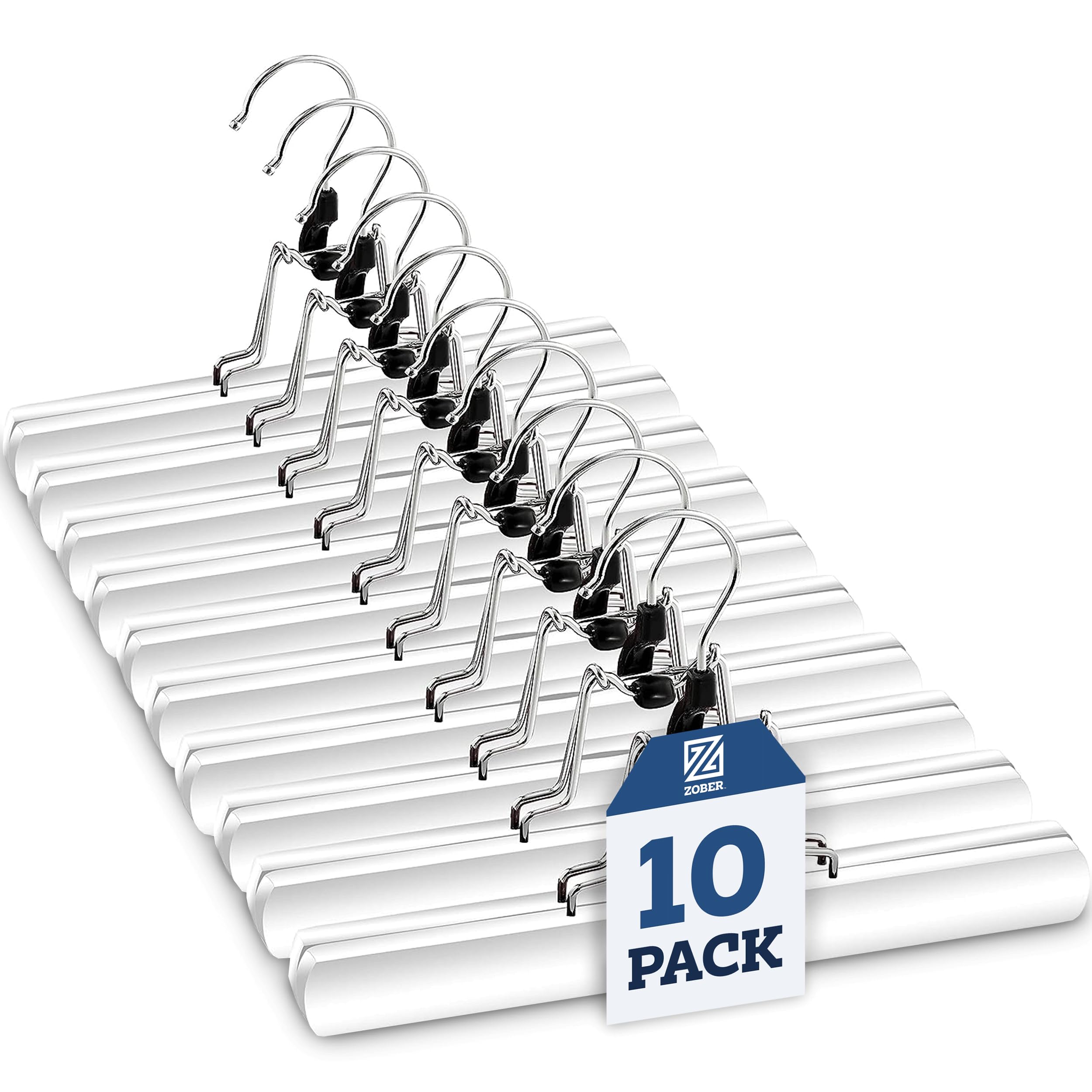 Premium Wooden Trouser Hangers (Set of 10) Solid Lacquered Non Slip Wooden Hangers - 360° Swivel Hook - Cloth Safe Lock Skirt Hangers - for Skirts, Pants, Jeans, Slacks, Shorts - Clip Clothes Hangers