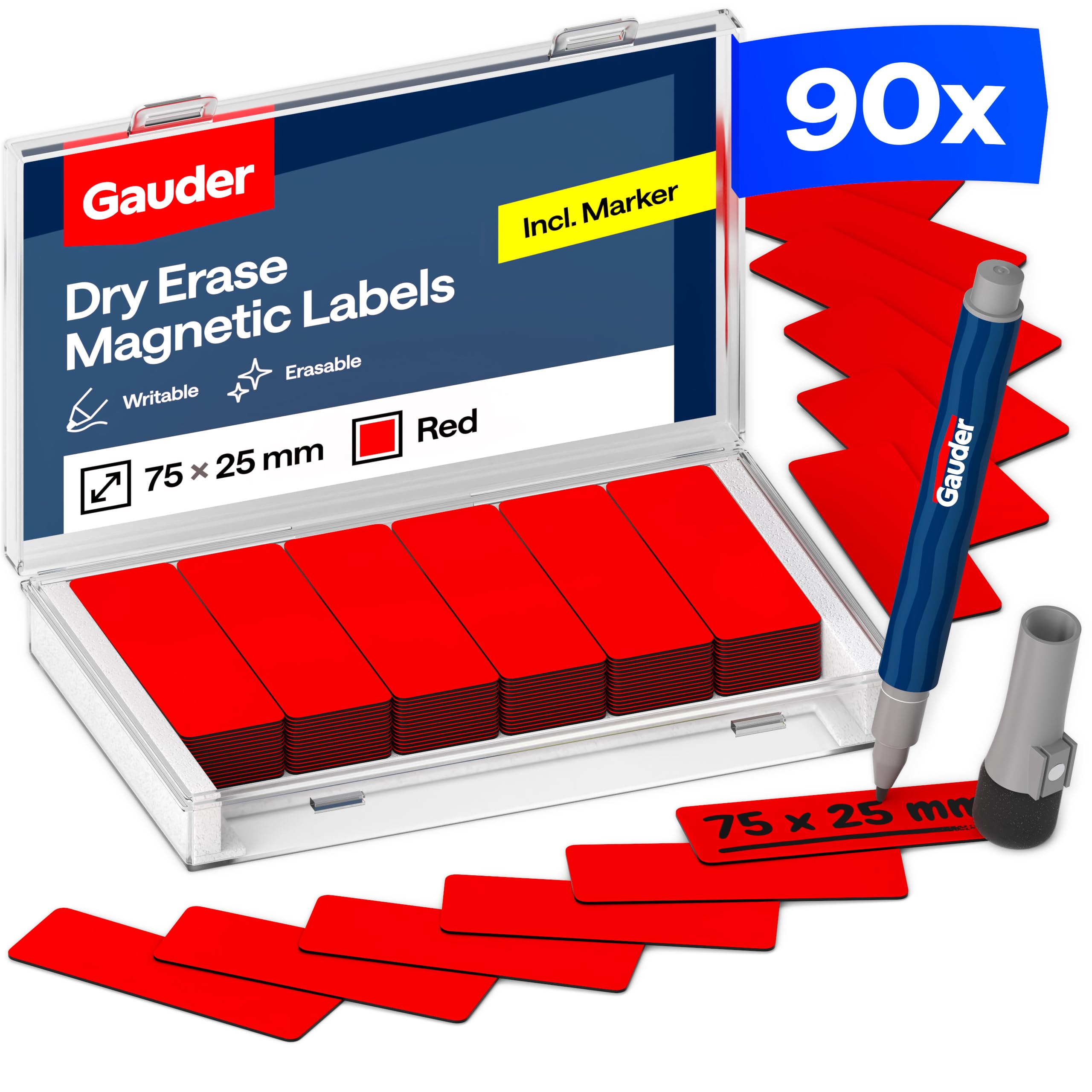 GAUDER Magnetic Labels Writable - Reusable Magnetic Tags for Whiteboard, Blackboard, Kanban Board and Fridge - Magnet Cards with Marker (90 Pieces - 75 x 25 mm)