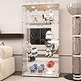 LFT HUIMEI2Y Glass Display Cabinet 4-Shelf with LED Light, Mirror and Lock, 2 Door Curio Cabinets, Tempered Glass Collection Display Showcase for Bedroom, Living Room 65”x 17”x 14” White