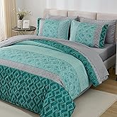 Dinjoy Queen Comforter Set Boho, Soft Teal Striped 7 Piece Bed in a Bag Queen Size Warm Blue Green Bedding Sets Plaid Comforters Bed Set with Sheets for Family Fall Winter
