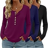 Velvelhall 3 Pack Women's Long Sleeve Henley Shirts Button U Neck Tops Casual Layering Tee Blouse 2025 Fall Trendy T-Shirts