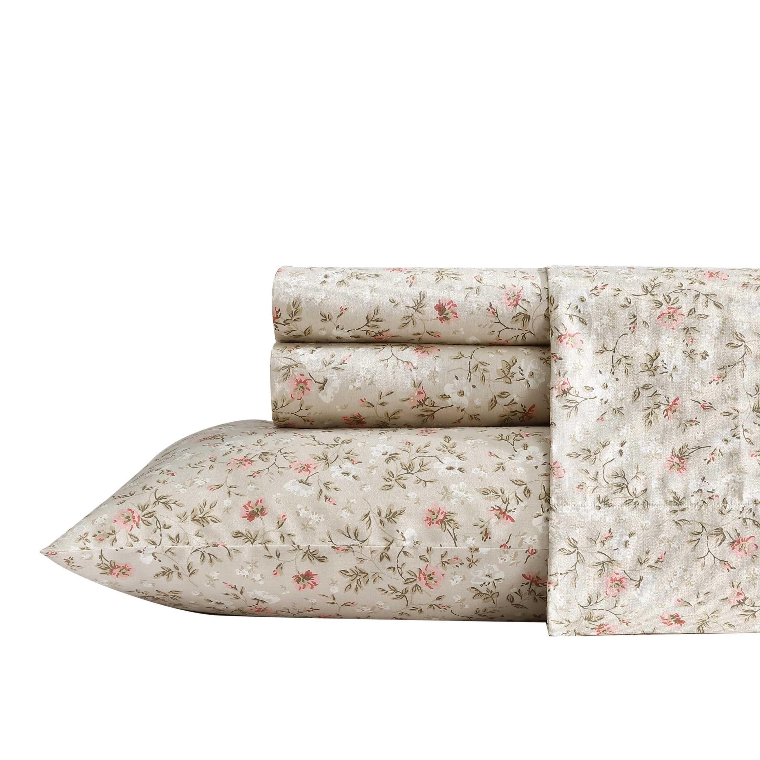 Photo 1 of Laura Ashley - Queen Sheets, Soft Sateen Cotton Bedding Set, Sleek, Smooth, & Breathable Home Decor (Bonnie Beige, Queen)