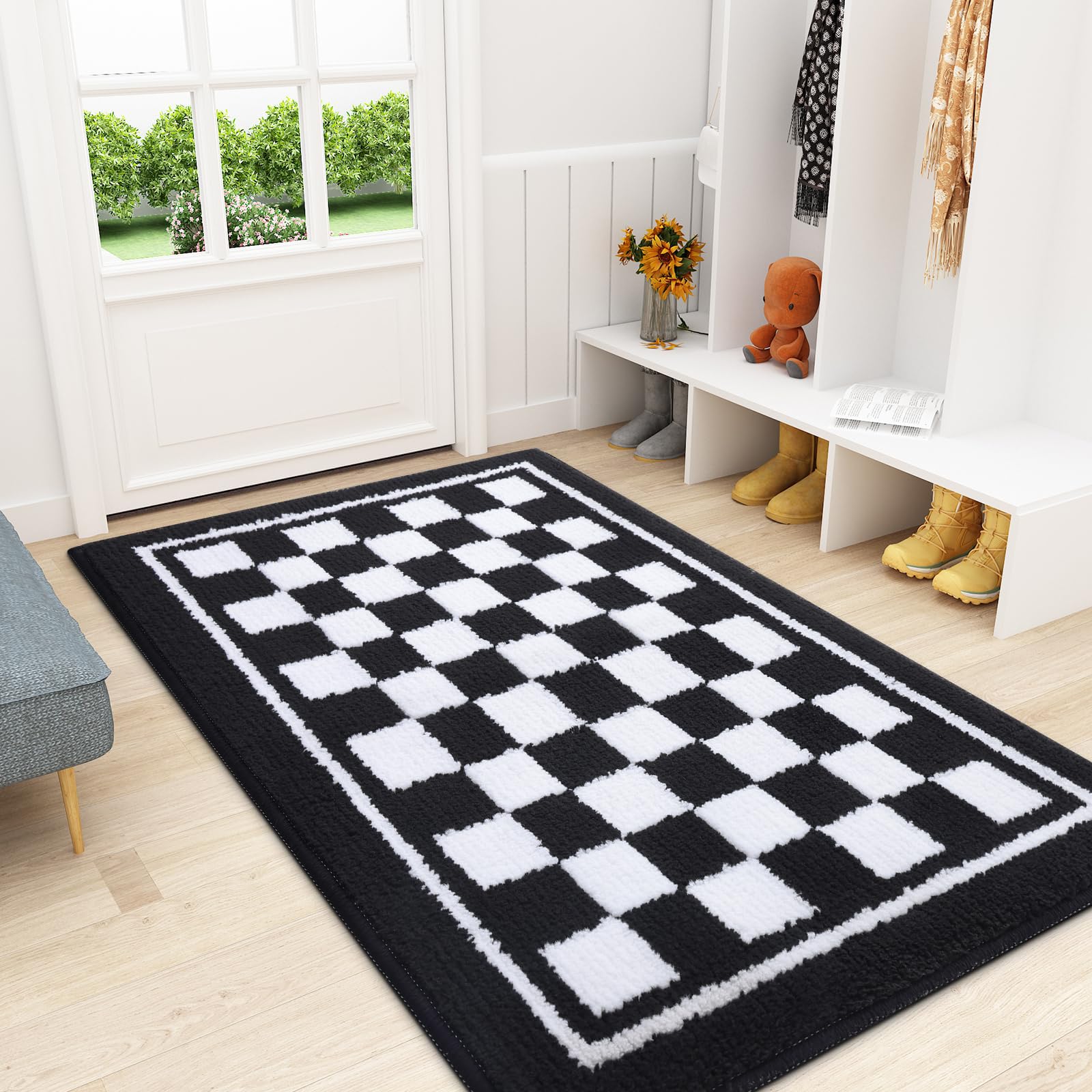 smiry Door Matts Indoor, Super Absorbent Entrance Door Mat, Machine Washable Inside Doormat, Low-Profile Dirt Trapper Mat, Non-Slip Floor Mat for Front Back Door, Muddy Paws, 80 x 120 cm - Black