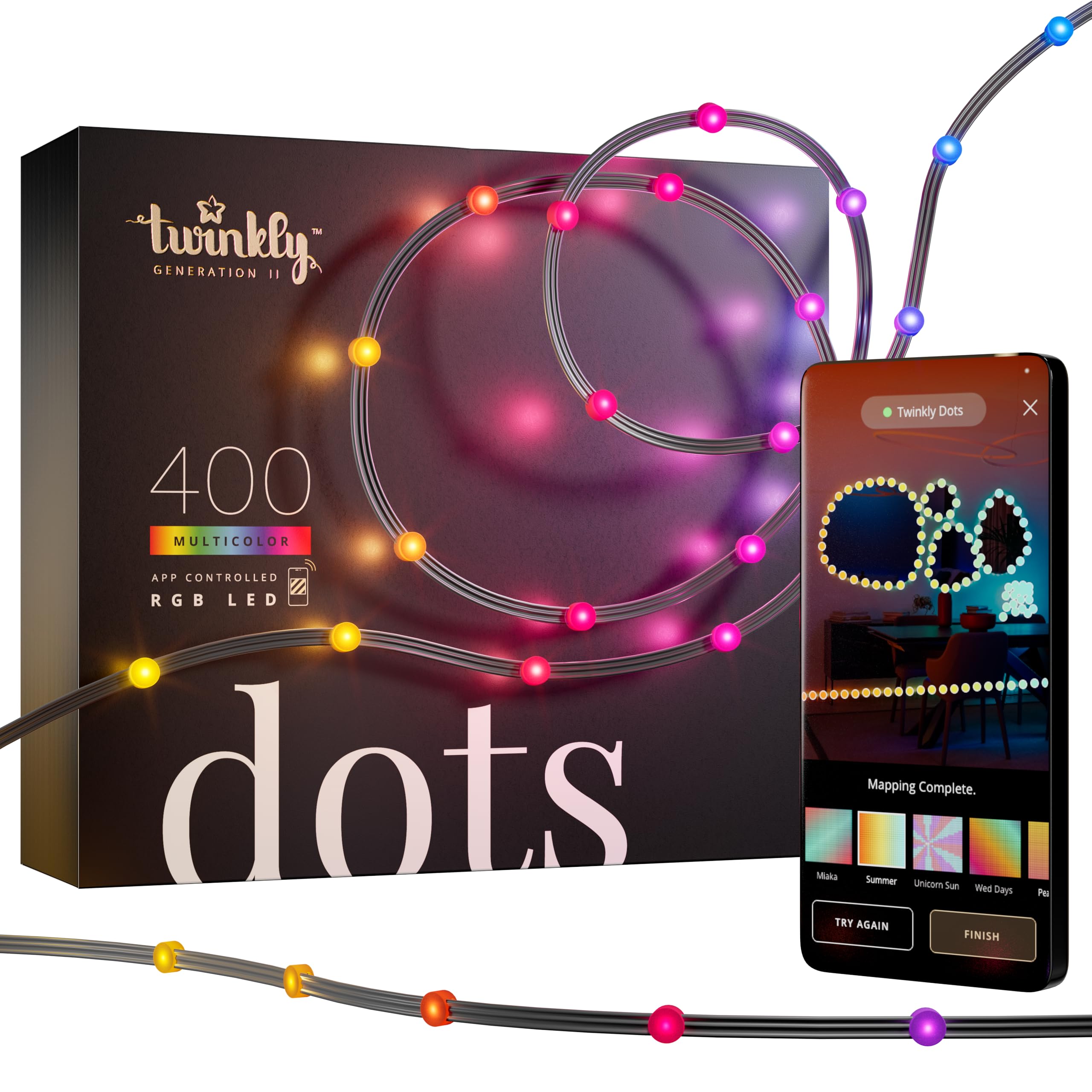 Twinkly Dots 20m, Flexible RGB LED Strip, in- and Outdoor, Compatible with Alexa and Google Home, IP44, 16 M+ Colors, App Control, Black Wire, 400 LED Lights