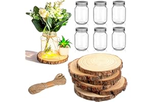 Honeydak 6 Sets Christmas Mason Jar Table Centerpieces 4.8 Inches Glass Mason Jar Vase for Flower Centerpieces 5.5-6.3 Inches Wood Slices Wooden Disc Coasters Winter Xmas Farmhouse Table Decoration