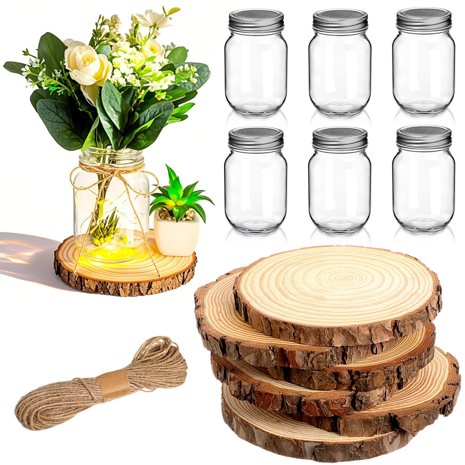 Photo 1 of Honeydak 6 Sets Clear Vases for Centerpieces 4.8 Inches Vintage Glass Bottle Vases for Flowers 5.5-6.3 Inches Wood Slices Wooden Disc Coasters Farmhouse Wedding Table Decoration Floral Arrangements