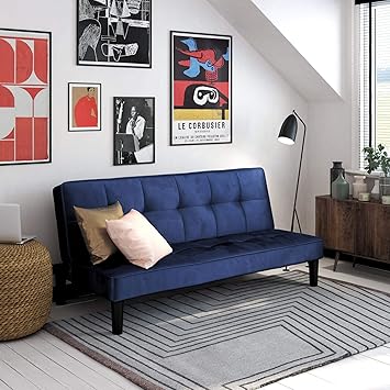 Amazon Com Realrooms Tyler Futon Convertible Couch Blue Velvet