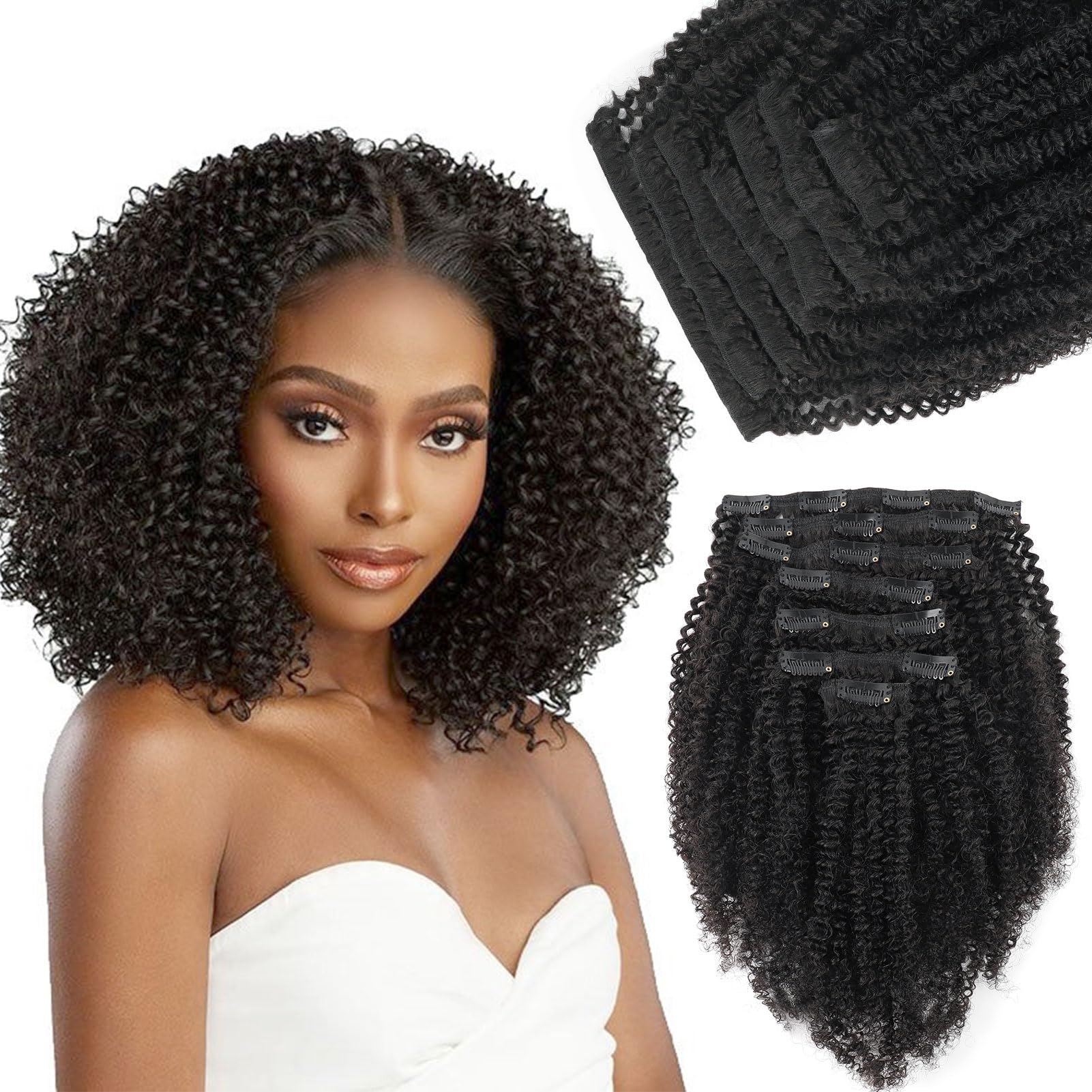 Yuniffe Afro Coily Clip in Hair Extensions for Black Women Real Human Hair Extensions Clip ins Natural Black Double Weft Brazilian Virgin Remy Human Hair Afro Clip ins 4B 4C 16 Inch 7Pcs 120g