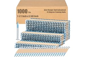 Tandefio 1000 Per Joist Hanger Nails Framing Nails Box Galvanized 33 Degree Paper Row Fixed Round Head Galvanized Smooth Shank Paper Tape Collated, Tip Blue Paint(1-1/2 x 0.148 Inch)