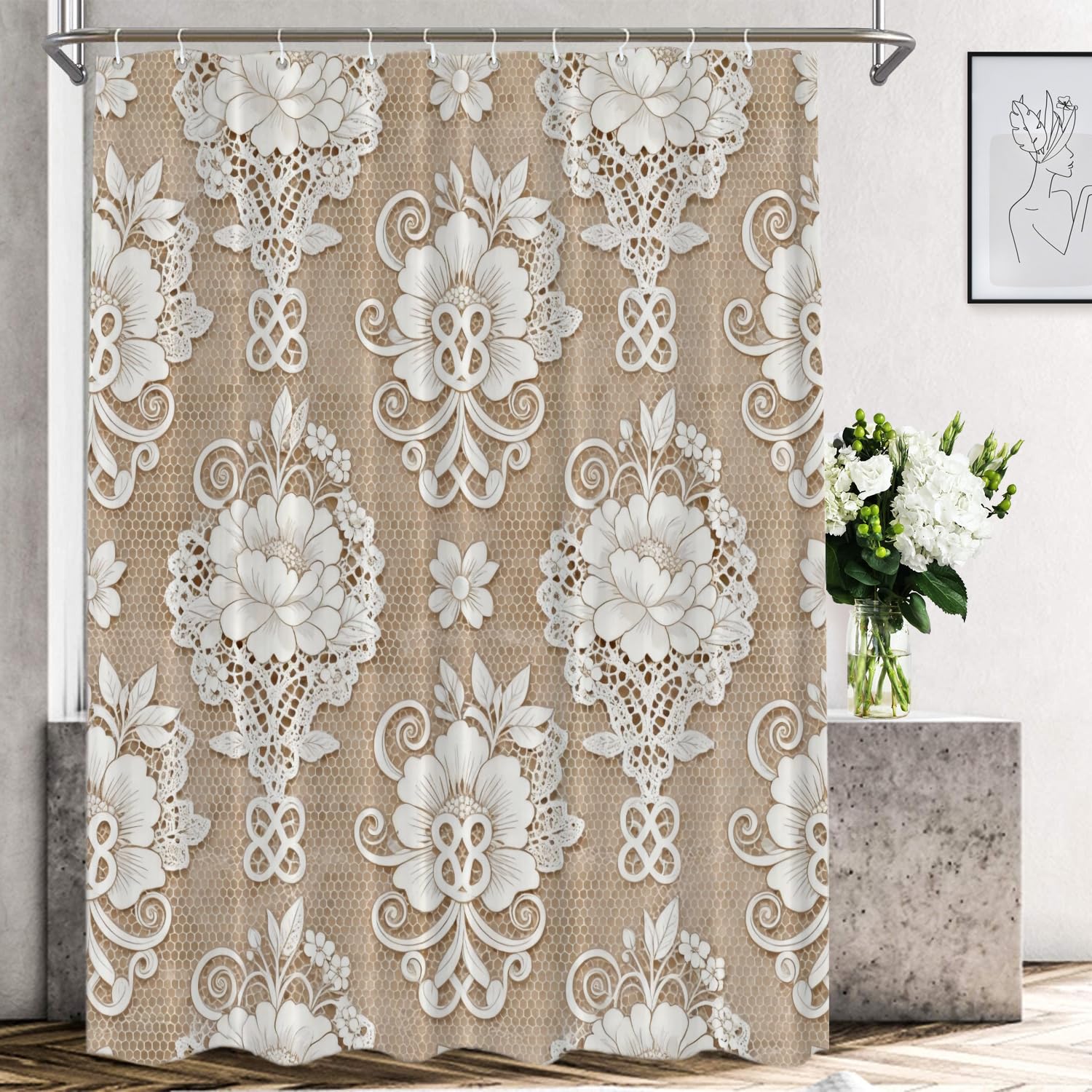 Shrahala Floral Vintage Decorative Shower Curtain, Template White Lace Background Waterproof with Grommets for Shower Stall Bathtubs Bathroom Decor-60x72 inch