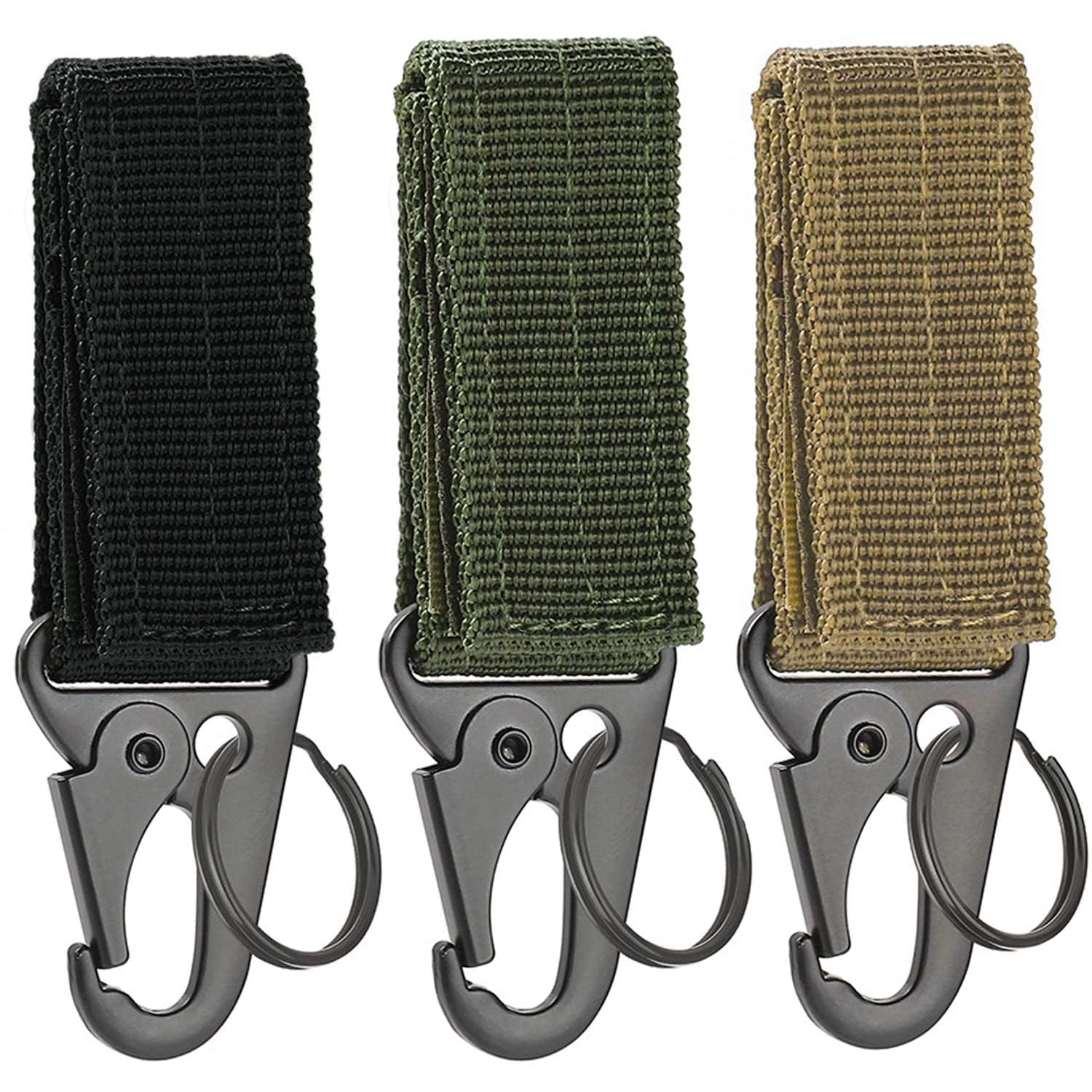 Nylon Hook & Loop Belt Key Holder, 3 PCS, Belt Clip Key Buckle, Carabiner Clip, Tactical Belt Keychain, Practical Tactical Vest Hook, for Camping Hiking Outdoor Activity (Black, Khaki, Military Green)