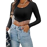 ZXZY Women Soft Ribbed Sparkly Rhinestone Fringe Long Sleeve Crop Top Cropped T Shirts