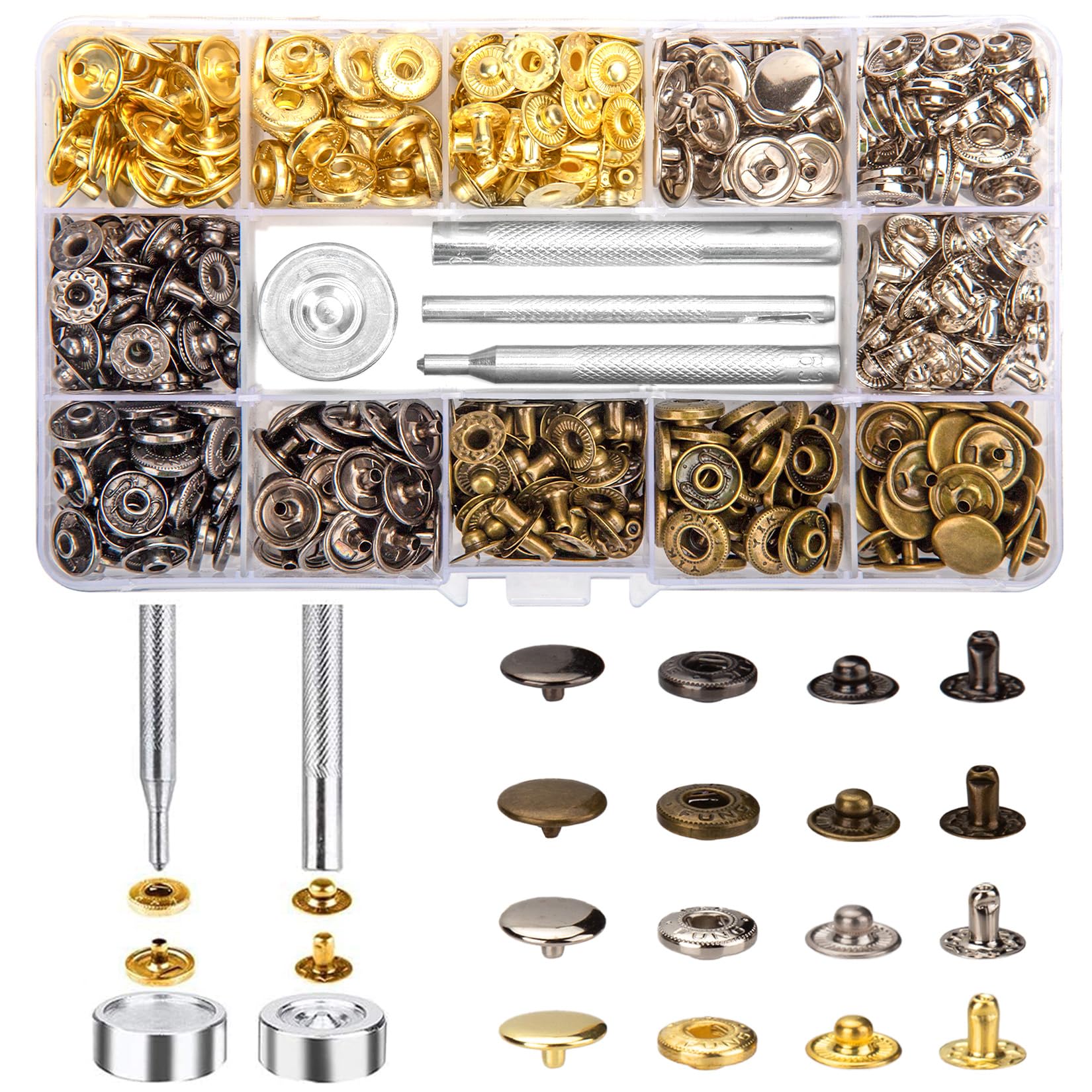 Ewwtrey120 Set Snap Fasteners, Press Studs, 12.5mm Metal Snap Buttons, No Sewing Snap Fastener, Metal Snaps Buttons Kit, with 4 Install Tools, for Sewing Clothes Jackets Leather Bags